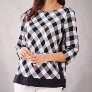 NWOT J. JILL (LG) Love Linen Checkered Buffalo Plaid 3/4 Sleeve Gingham Top